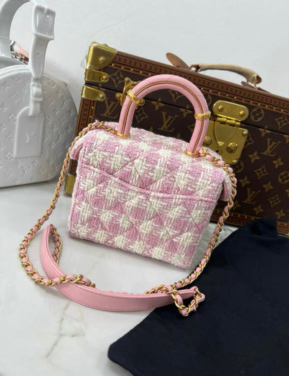 Chanel 23S Top Handle Bag In Pink Tweed Houndstooth Gold Hardware