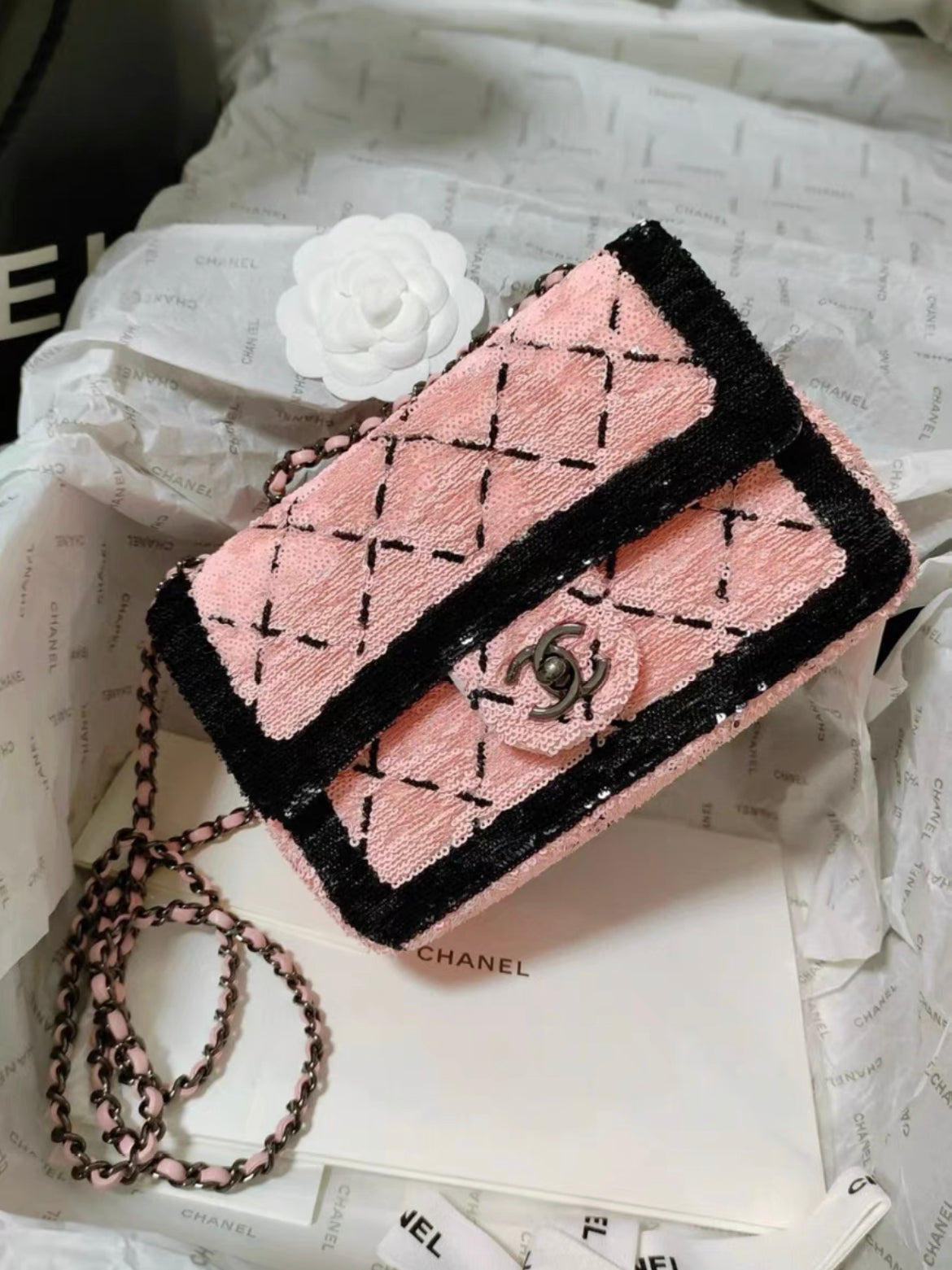 Chanel 24P Small Flap Bag Sequins Black Metal Pink Black