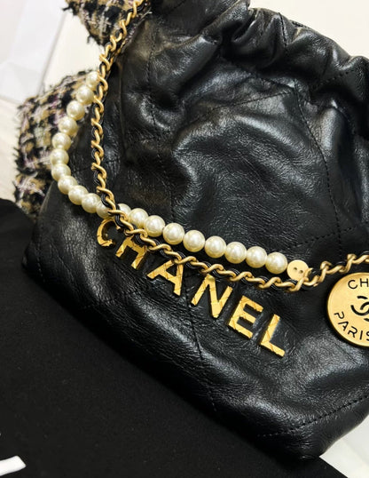 Chanel Black Quilted Calfskin Imitation Pearl Strap Mini 22 Hobo Bag Gold Hardware