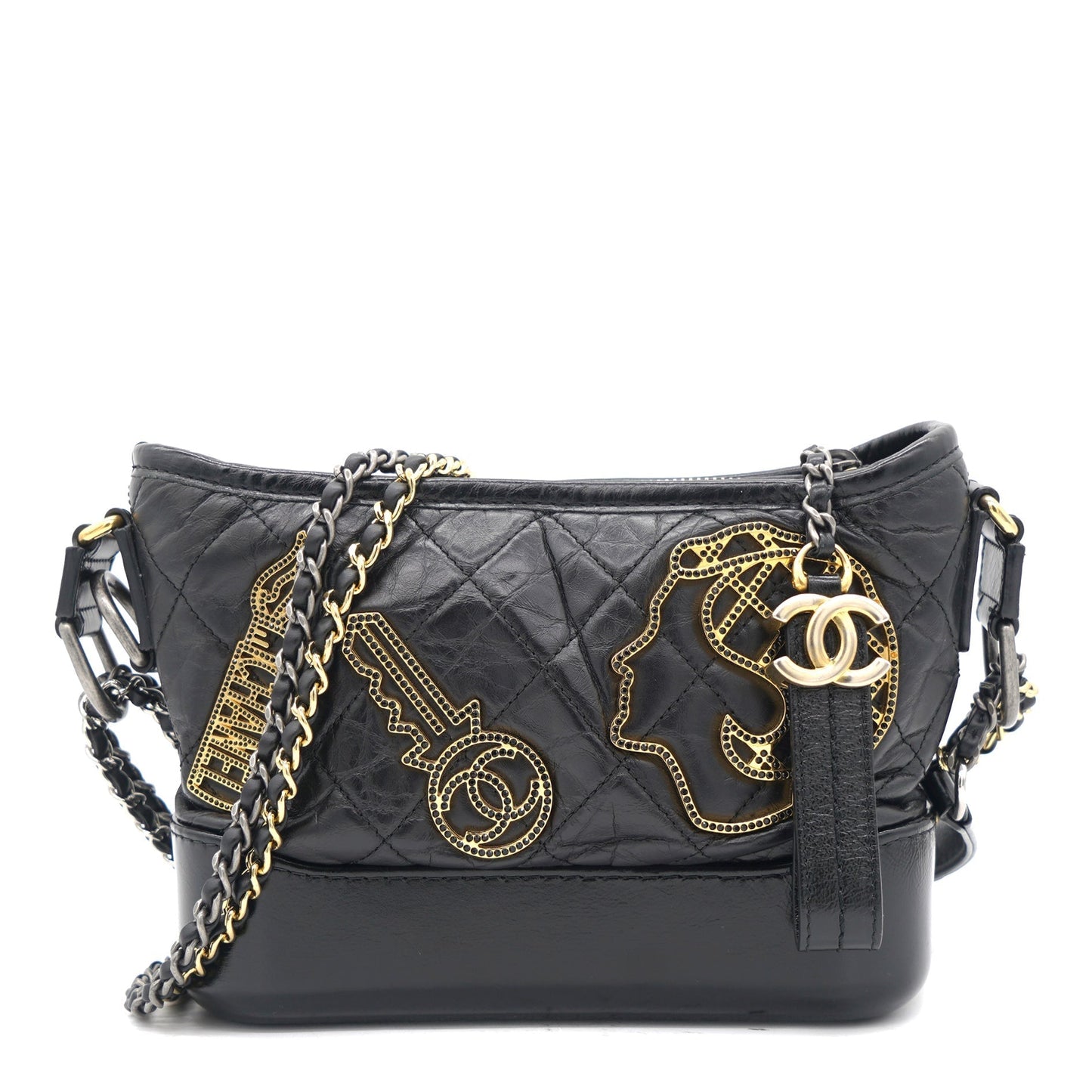 Chanel Black Aged Calfskin Quilted Charms Small Gabrielle Bag