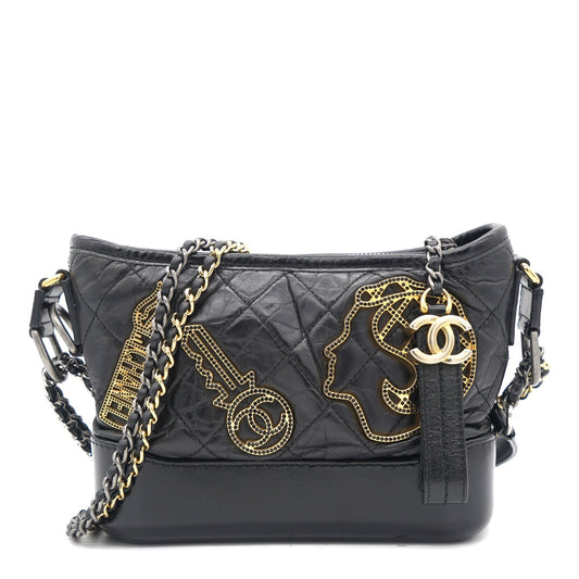 Chanel Black Aged Calfskin Quilted Charms Small Gabrielle Bag