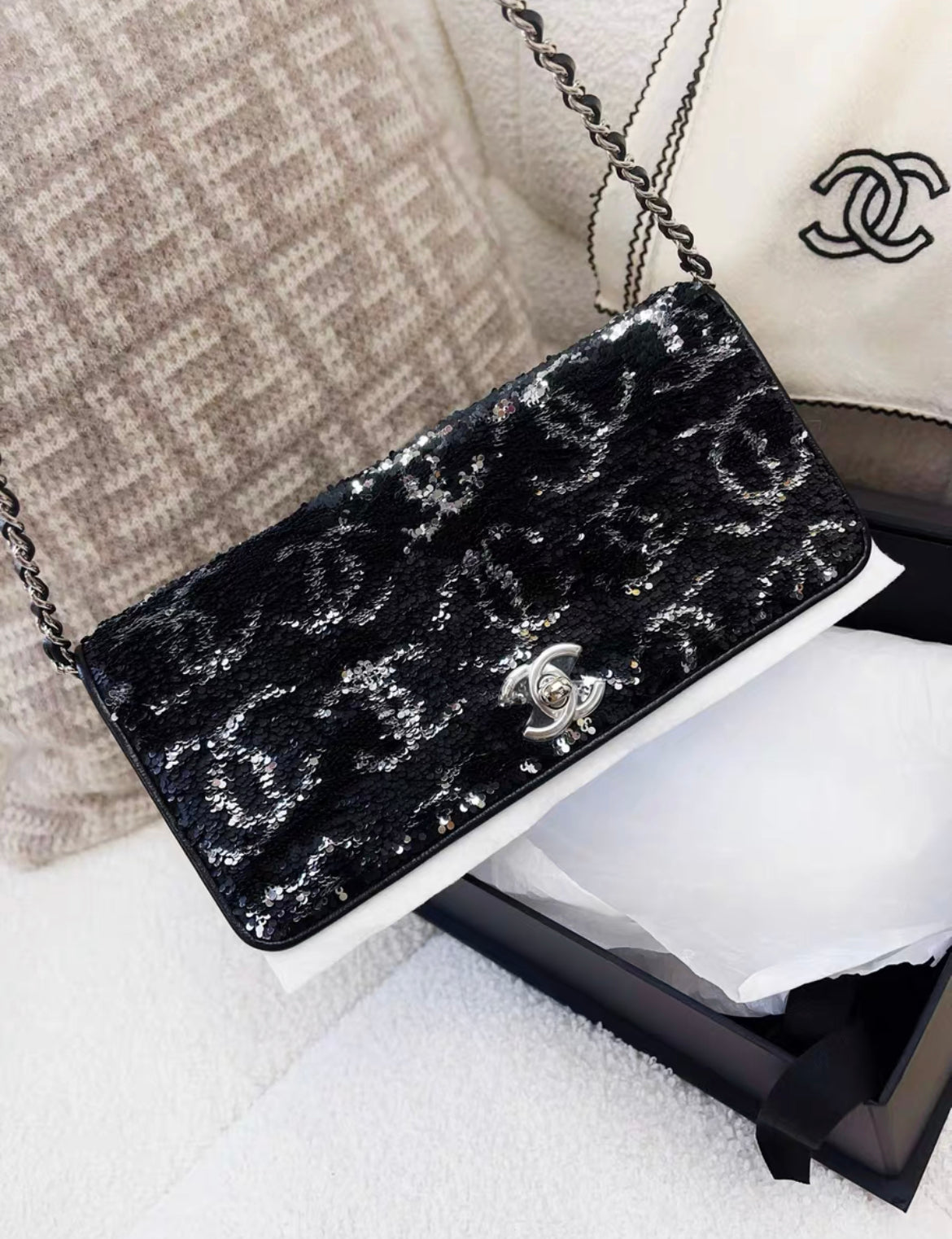 Chanel 23B Black Sequin Double Cc Flap Bag