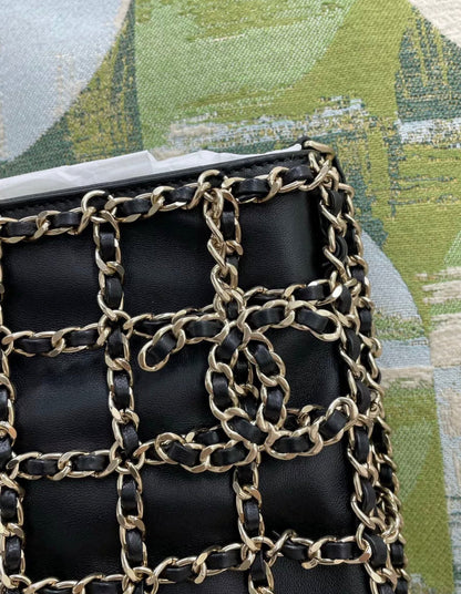 Chanel 2022 Black Leather Gold Chain Large Shopping Tote Gold Hardware