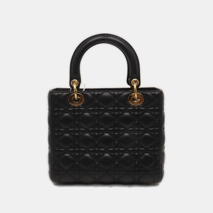 Lady Dior Medium Handbag Black Lambskin Leather Gold Hardware