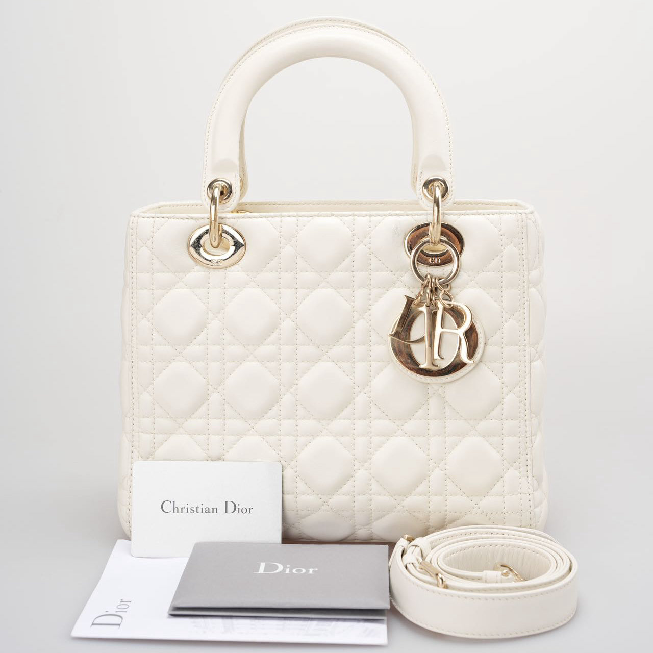 Christian Dior White Medium Lady Dior Bag In Cannage Lambskin Leather With Gold Hardware