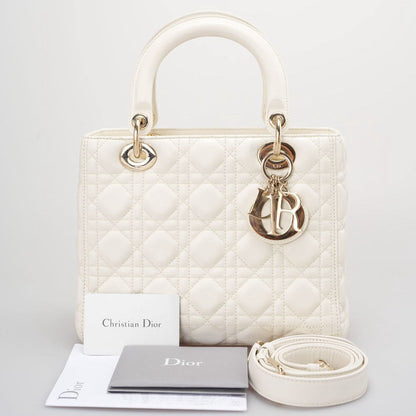 Christian Dior White Medium Lady Dior Bag In Cannage Lambskin Leather With Gold Hardware