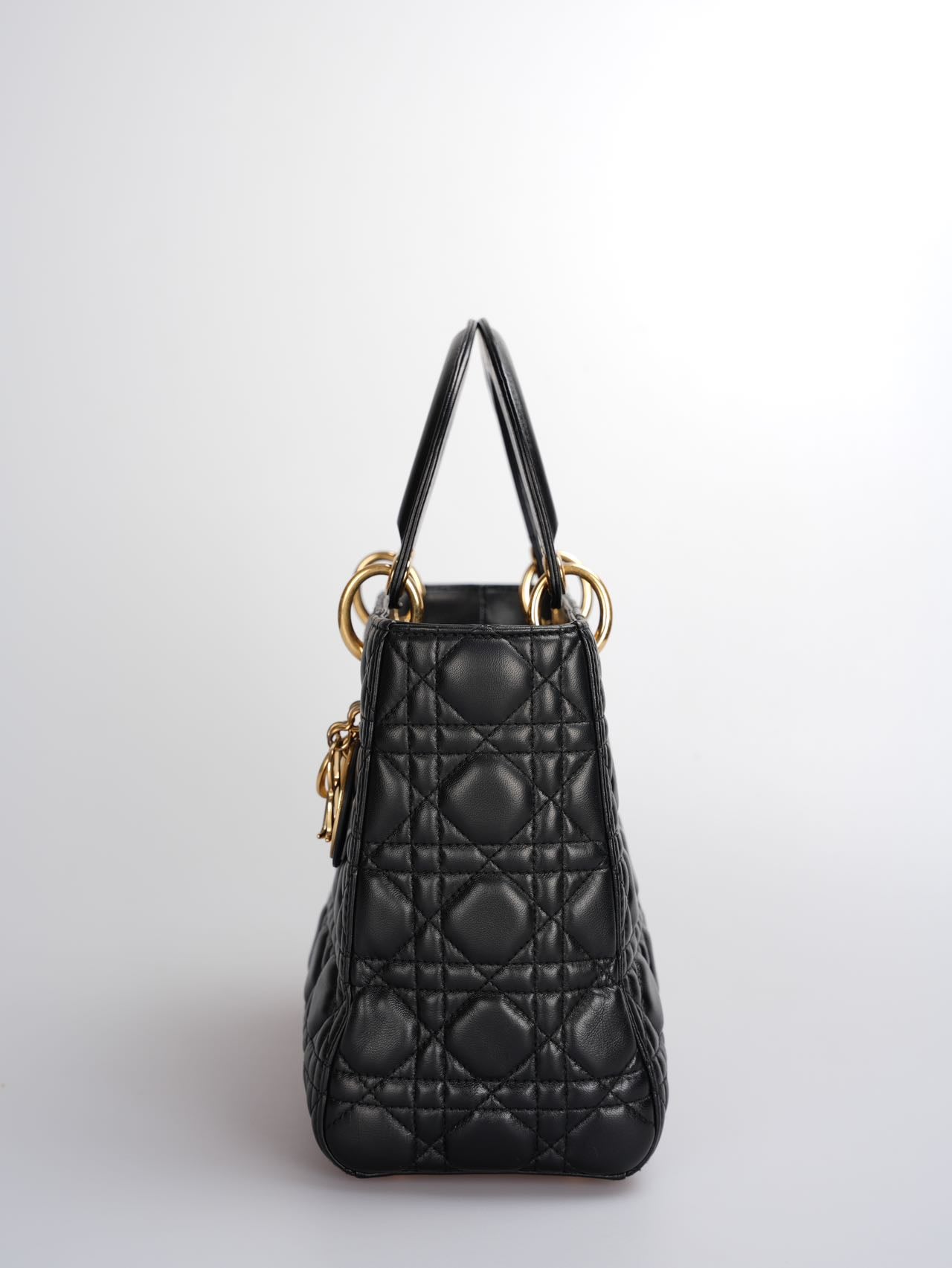 Christian Dior Black Medium Lady Dior Bag In Cannage Lambskin Leather With Gold Hardware