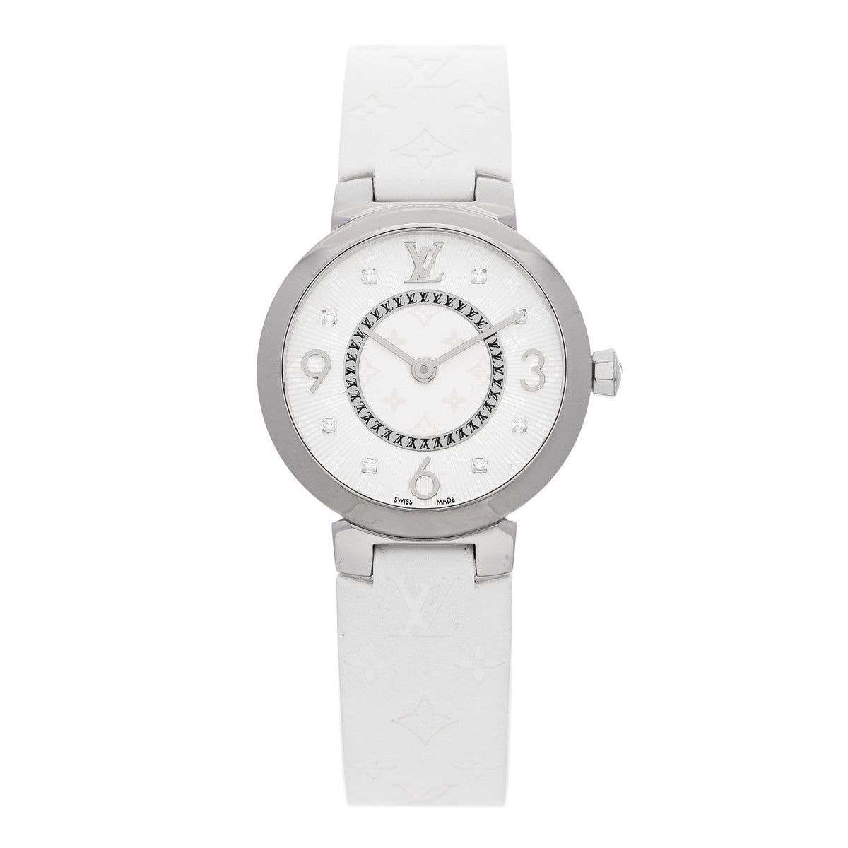 Stainless Steel Rubber Diamond 28mm Tambour Slim Quartz Watch White