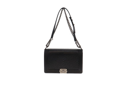 Chanel Black Calf Le Boy Bag Chevron Large