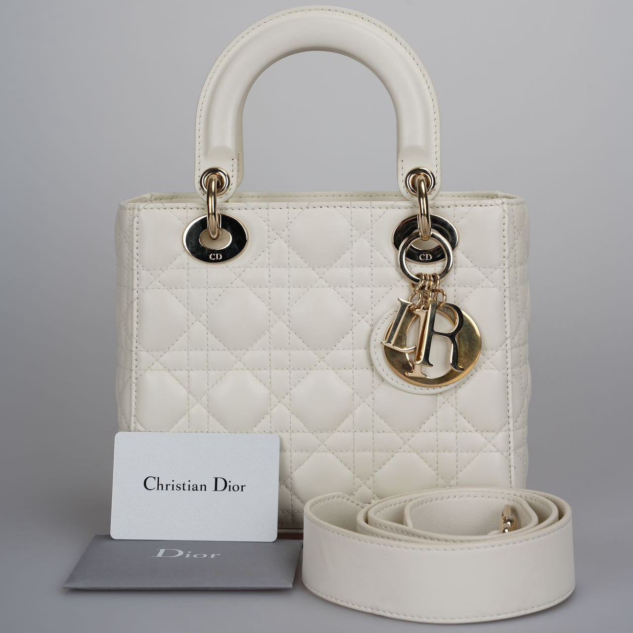 Christian Dior Small Lady Dior Bag In White Cannage Lambskin Leather With Gold Hardware