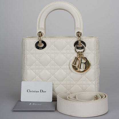 Christian Dior Small Lady Dior Bag In White Cannage Lambskin Leather With Gold Hardware