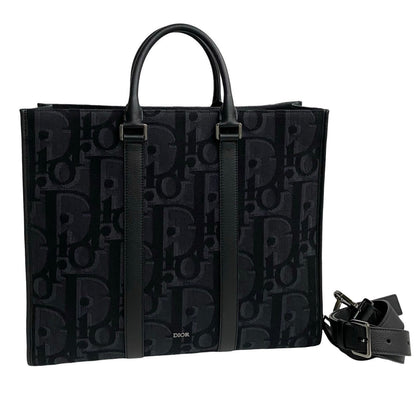 Dior Tote Bag Leather, Canvas black Trotter Pattern East West mens