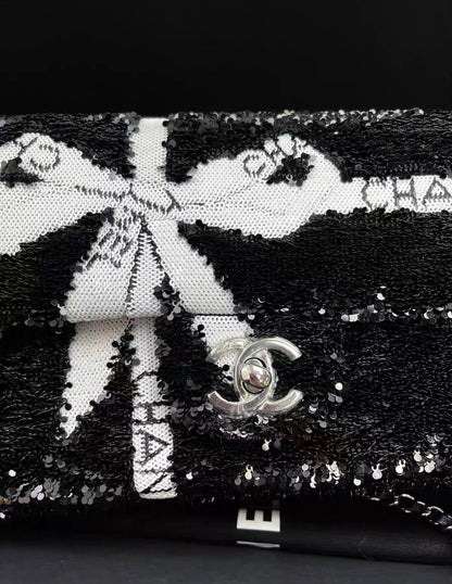Chanel 24B Black And White Sequin Bow Silver Hardware Mini Flap Chain Bag