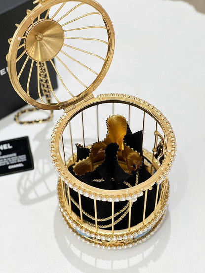 Chanel 20A Metal Crystal Enamel Cc Love Bird Cage Minaudiere Clutch Black Gold Multicolor