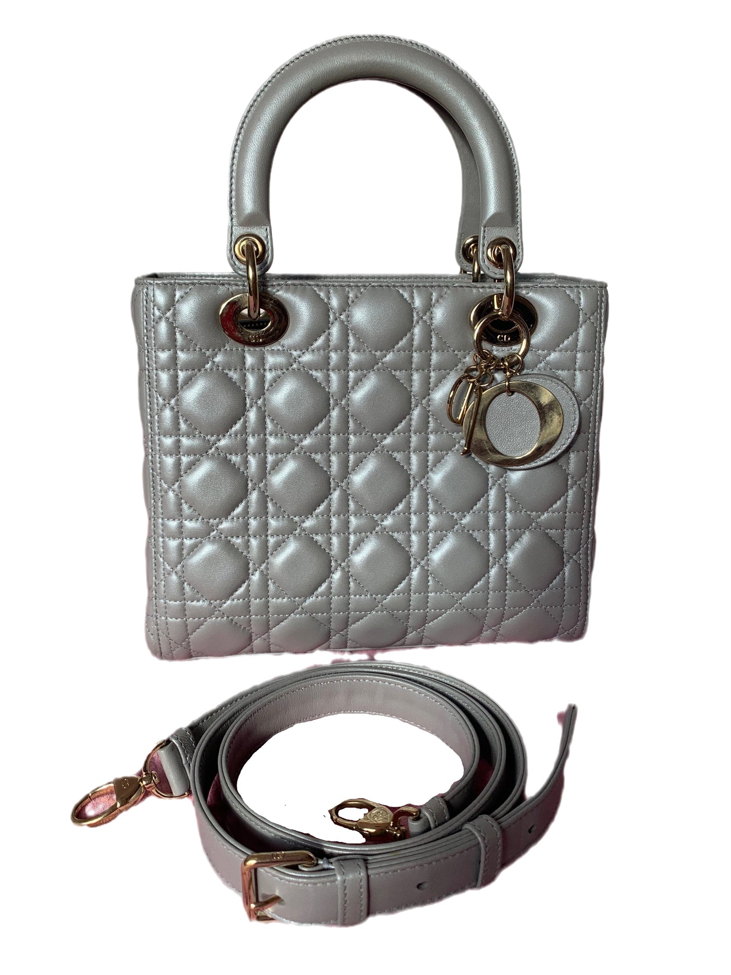 Lady Dior Pearlescent Grey Medium Lambskin Cannage Leather Handbag
