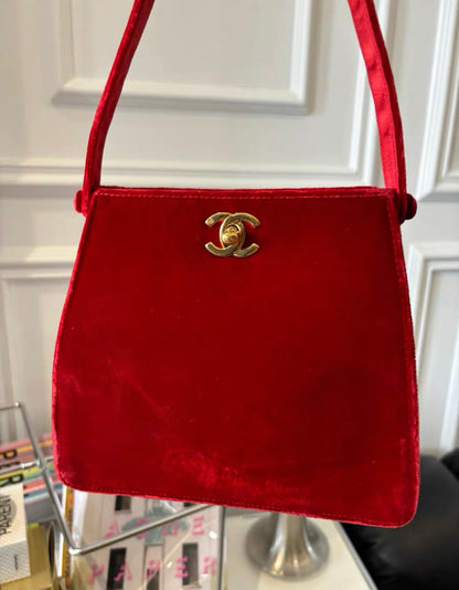 Chanel Rare Classic Velvet Red Kelly Bag Gold Plated Hardware