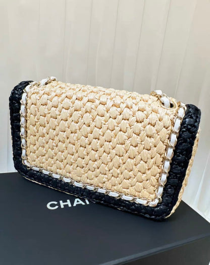 Chanel 24C Flap Bag In Black Raffia With Braided Chain