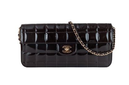 Chanel Brown Patent Leather Chocolate Bar East West Flap Bag with Gold Hardware