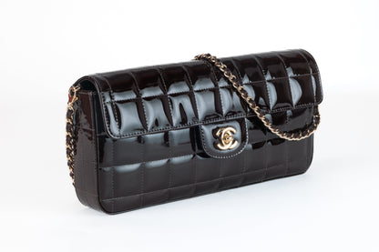Chanel Brown Patent Leather Chocolate Bar East West Flap Bag with Gold Hardware