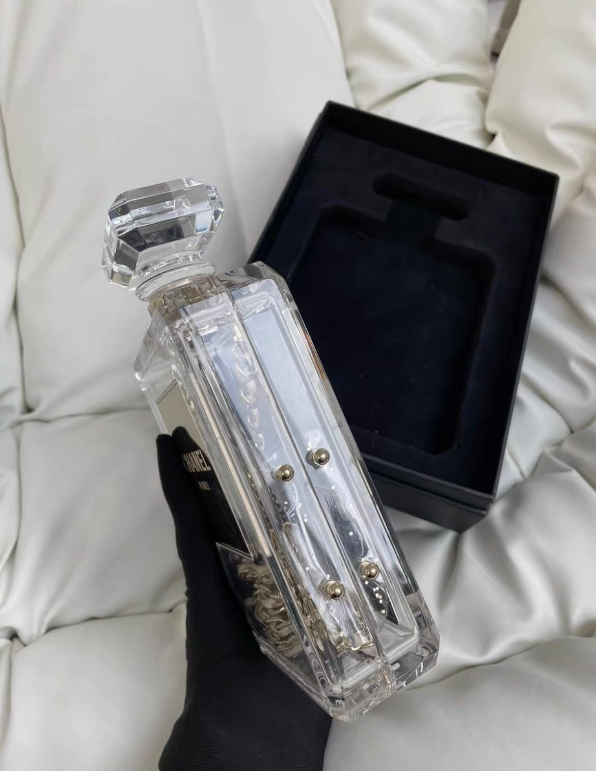 Chanel Minaudiere No 5 Perfume Clutch Transparent Plexiglass Light Gold Hardware