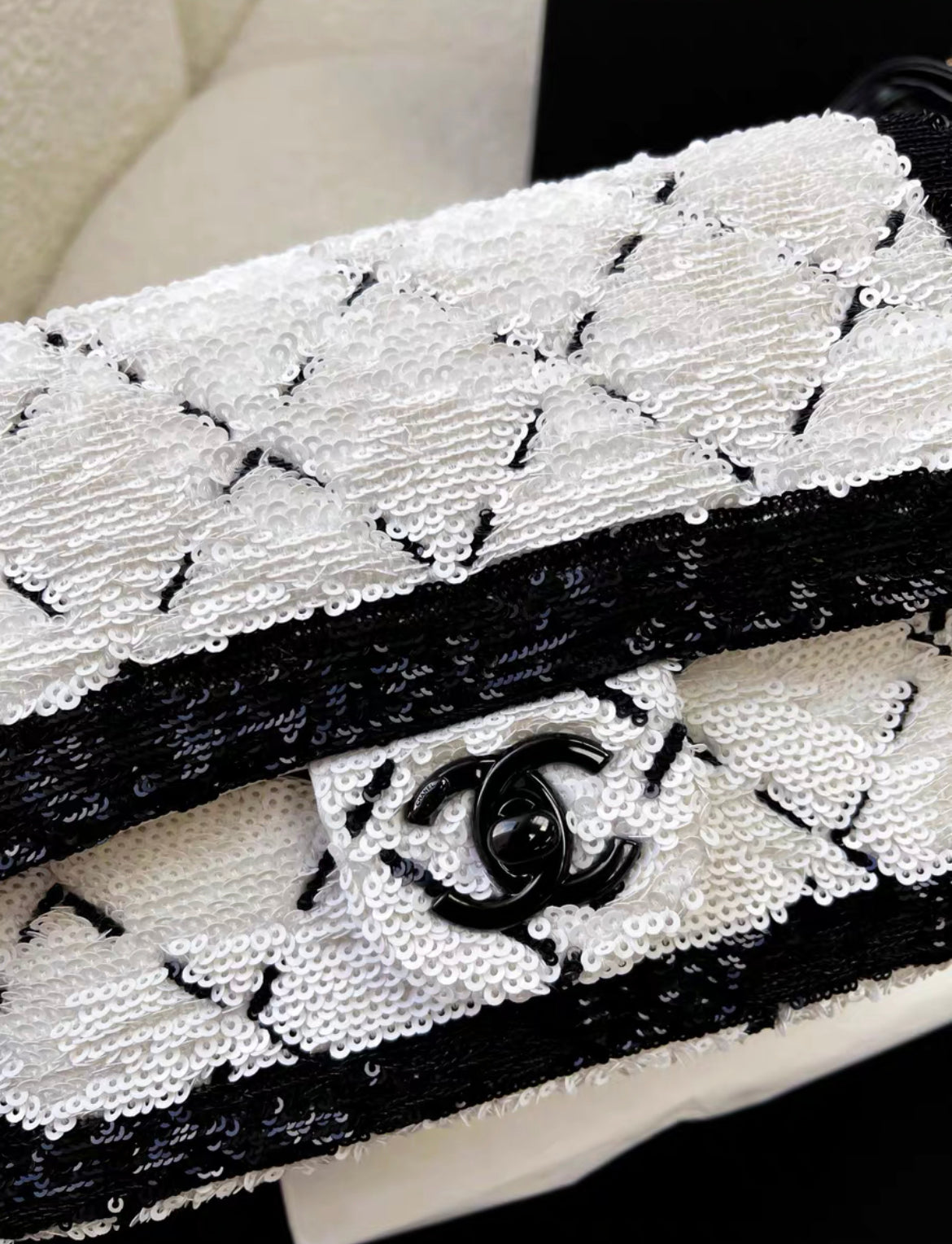 Chanel 24P Large Flap Bag Sequins Black Metal White Black