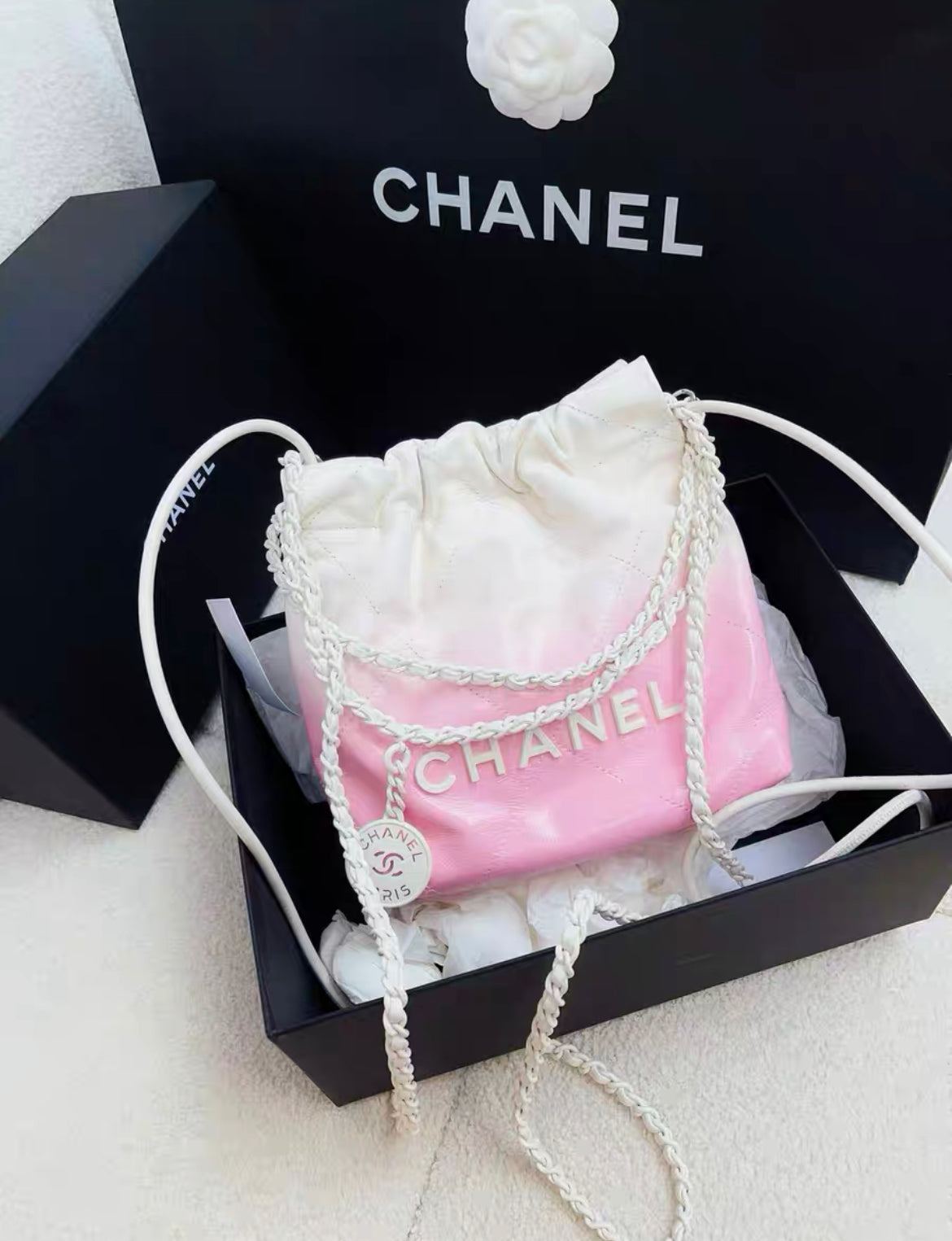 24S Chanel 22 Mini Handbag Patent Calf Leather With Gradient And Lacquered Metal White Light Pink