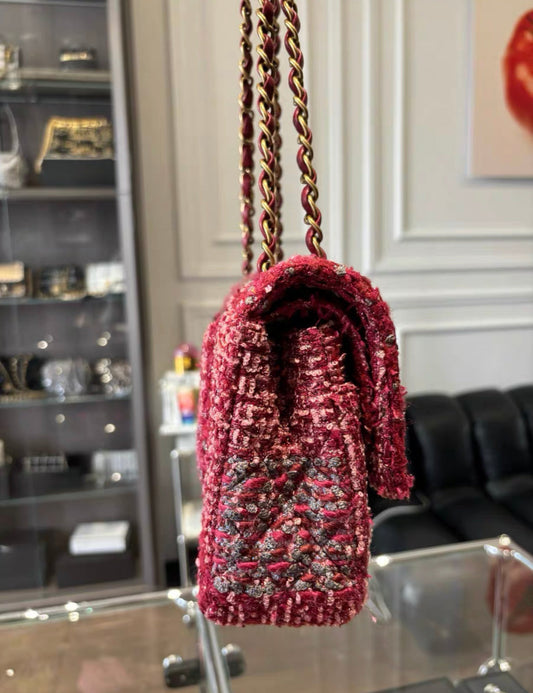 Chanel Burgundy Red And Multicolor Tweed Medium Classic Flap Bag Gold Hardware Rare Model