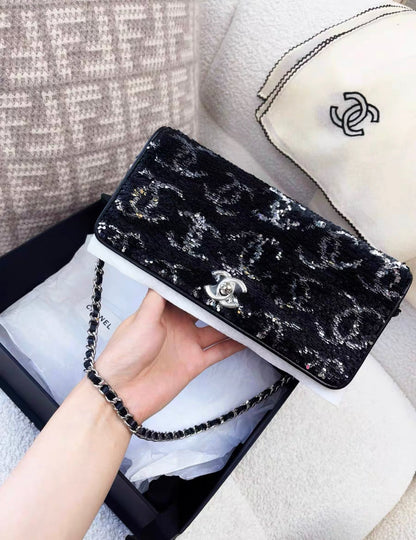 Chanel 23B Black Sequin Double Cc Flap Bag