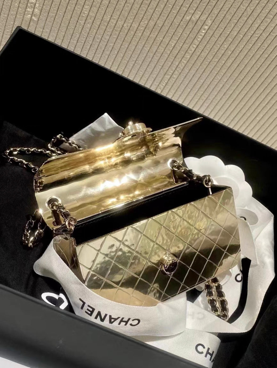 Chanel Quilted Hammered Metal Mini Classic Flap Evening Box Bag Gold Hardware 2022