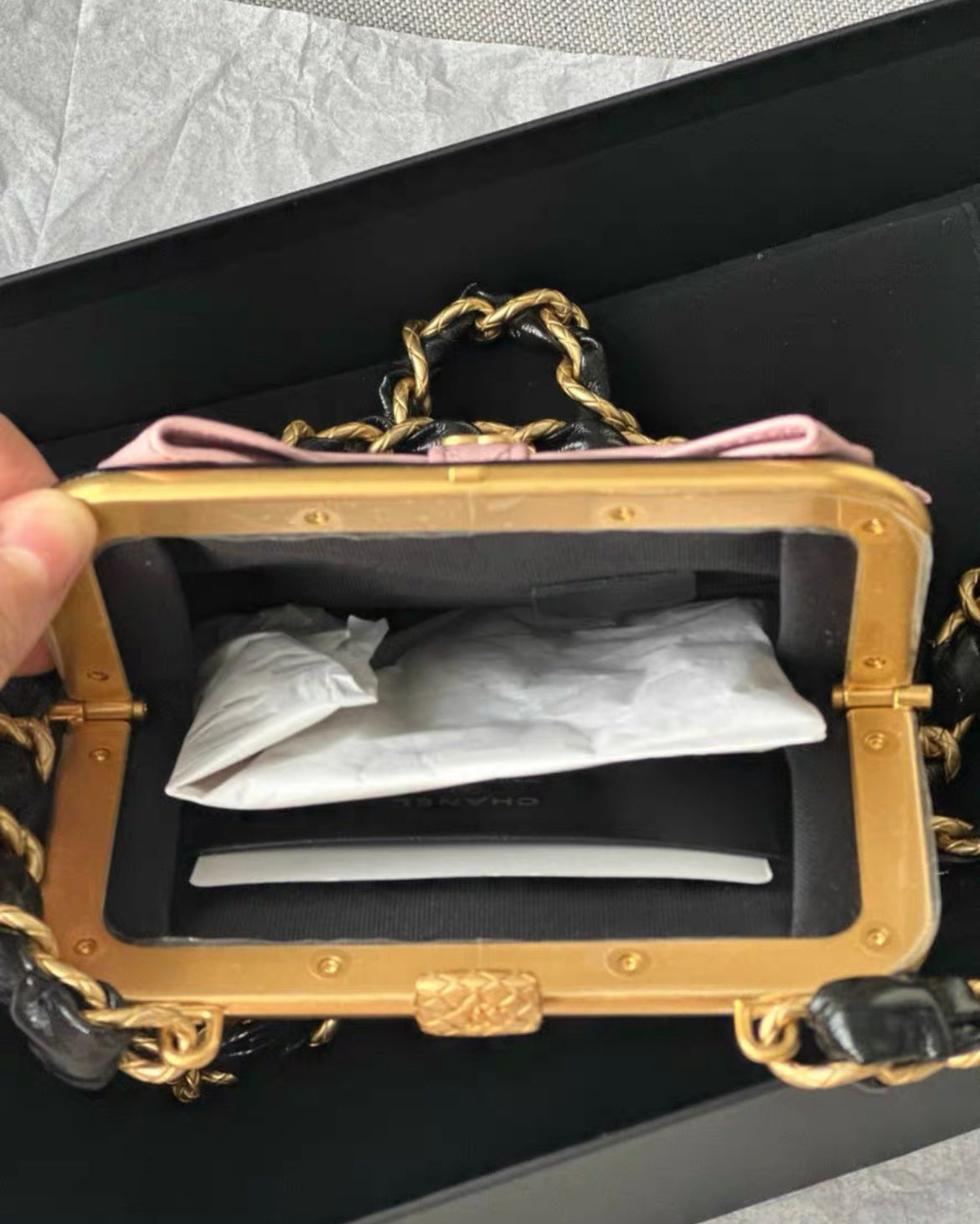 Chanel Mini Clutch With Bow Crossbody Bag Black Shiny Lambskin And Pink Patent Crumpled Lambskin Antique Gold Hardware