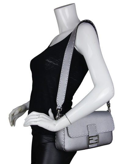 Fendi Silver Selleria Leather Baguette Bag w/ Oversized Topstitching