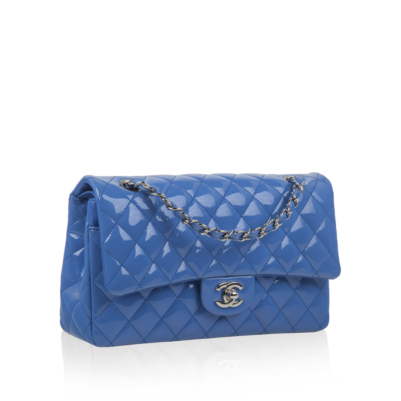 Chanel Classic Flap Patent Leather Silver Shoulder Bag Patent Leather