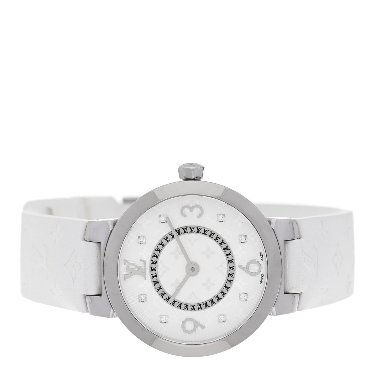 Stainless Steel Rubber Diamond 28mm Tambour Slim Quartz Watch White