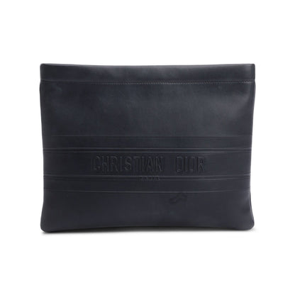 Christian Dior Black calfskin Leather Logo Strip Zip Pouch