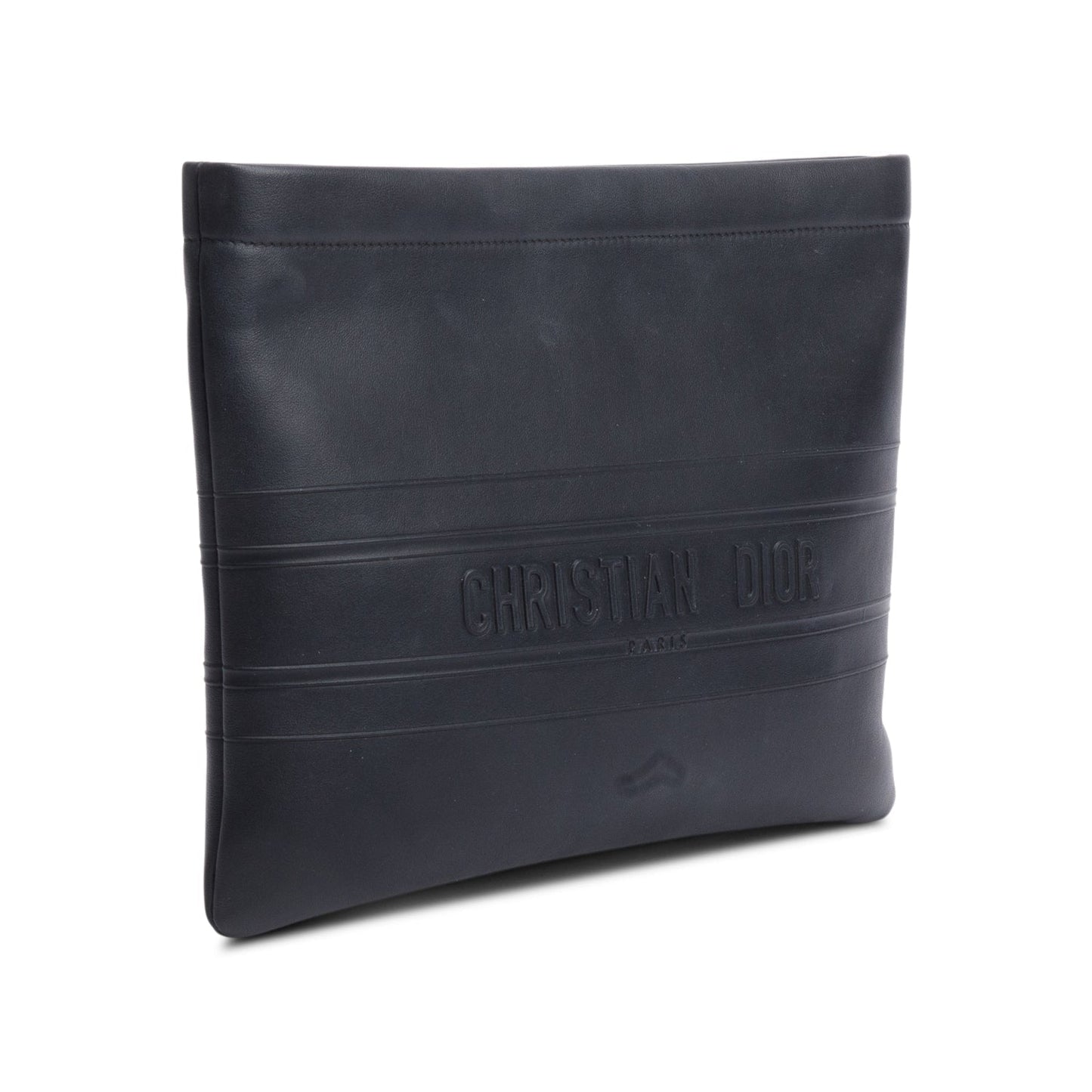 Christian Dior Black calfskin Leather Logo Strip Zip Pouch