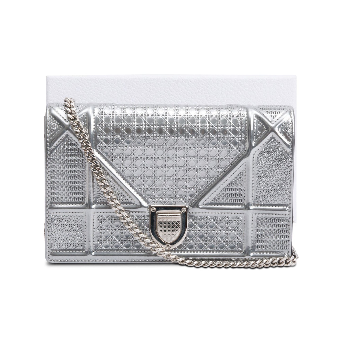 Christian Dior Metallic Silver Microcannage Patent Leather Diorama Wallet on Chain
