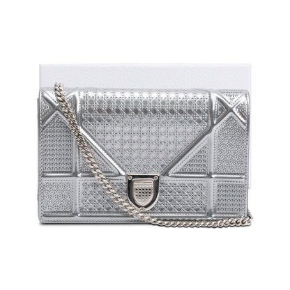 Christian Dior Metallic Silver Microcannage Patent Leather Diorama Wallet on Chain