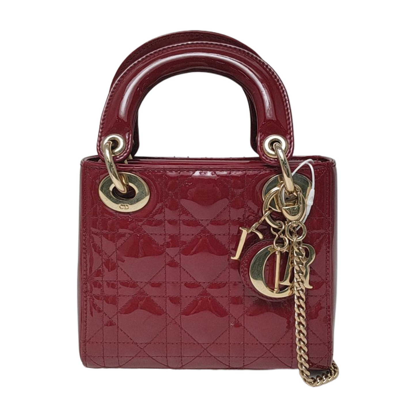 Lady Dior Mini Handbag Burgundy Red Patent Leather Gold-tone Chain Strap