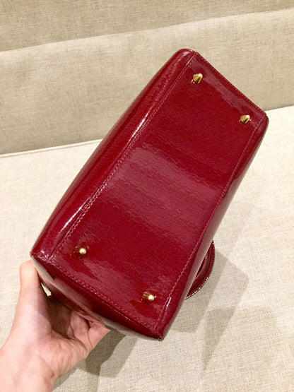 Lady Dior Medium Red Patent Leather Monogram Embossed Handbag Gold Hardware