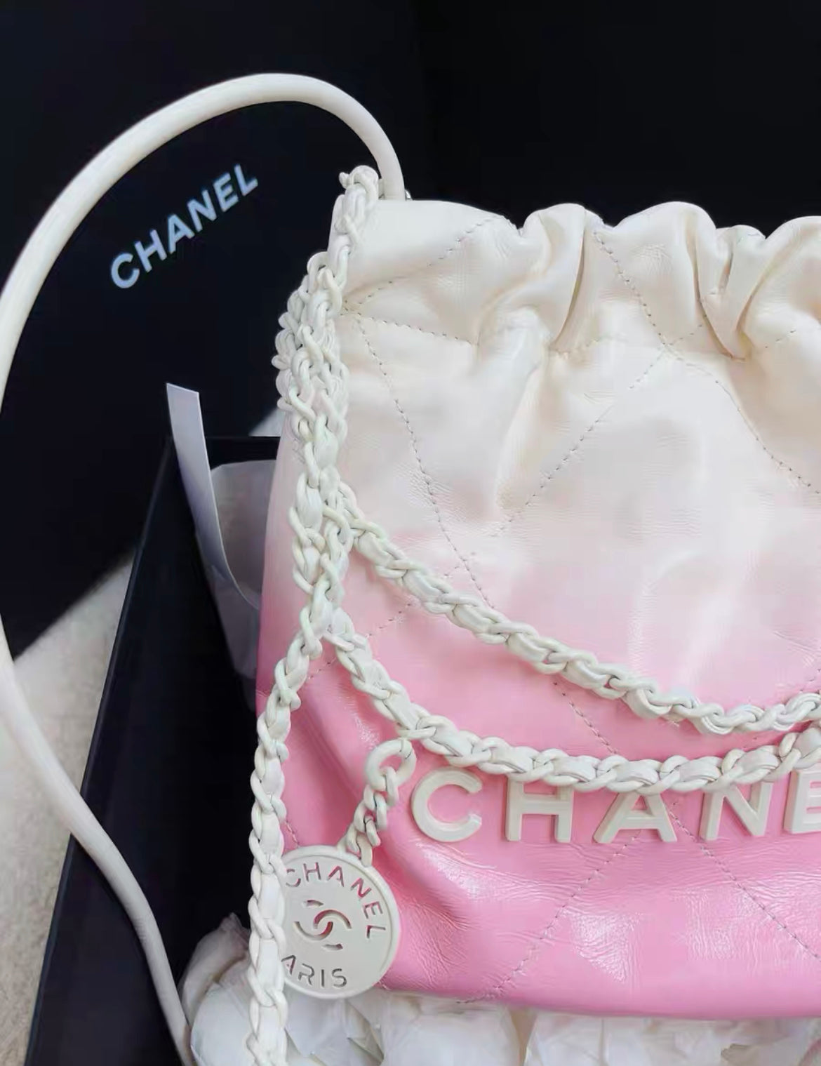 24S Chanel 22 Mini Handbag Patent Calf Leather With Gradient And Lacquered Metal White Light Pink