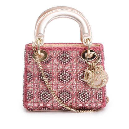 Christian Dior Pink Lambskin & Satin Embroidered Crystal Beads Mini Lady Dior Bag
