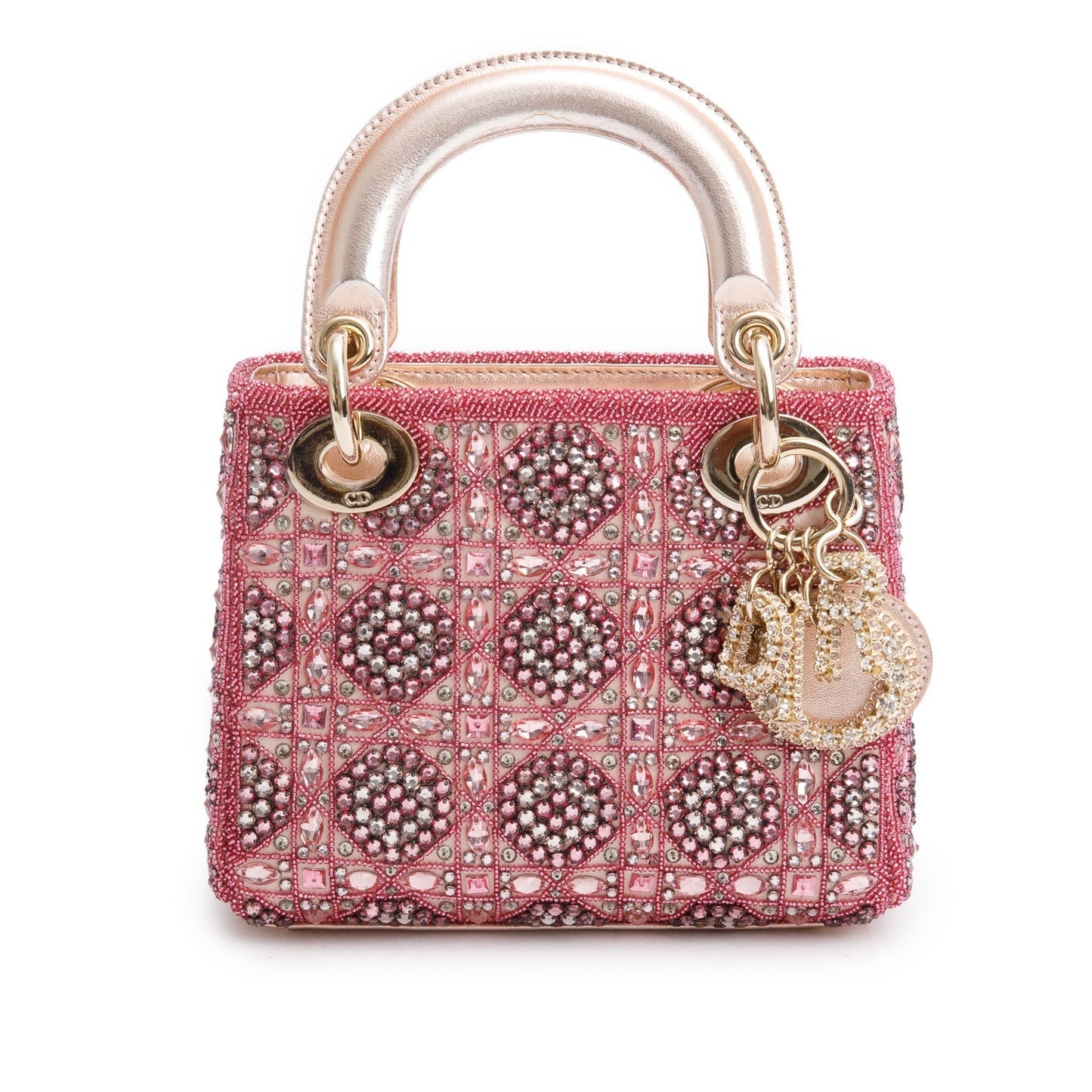 Christian Dior Pink Lambskin & Satin Embroidered Crystal Beads Mini Lady Dior Bag