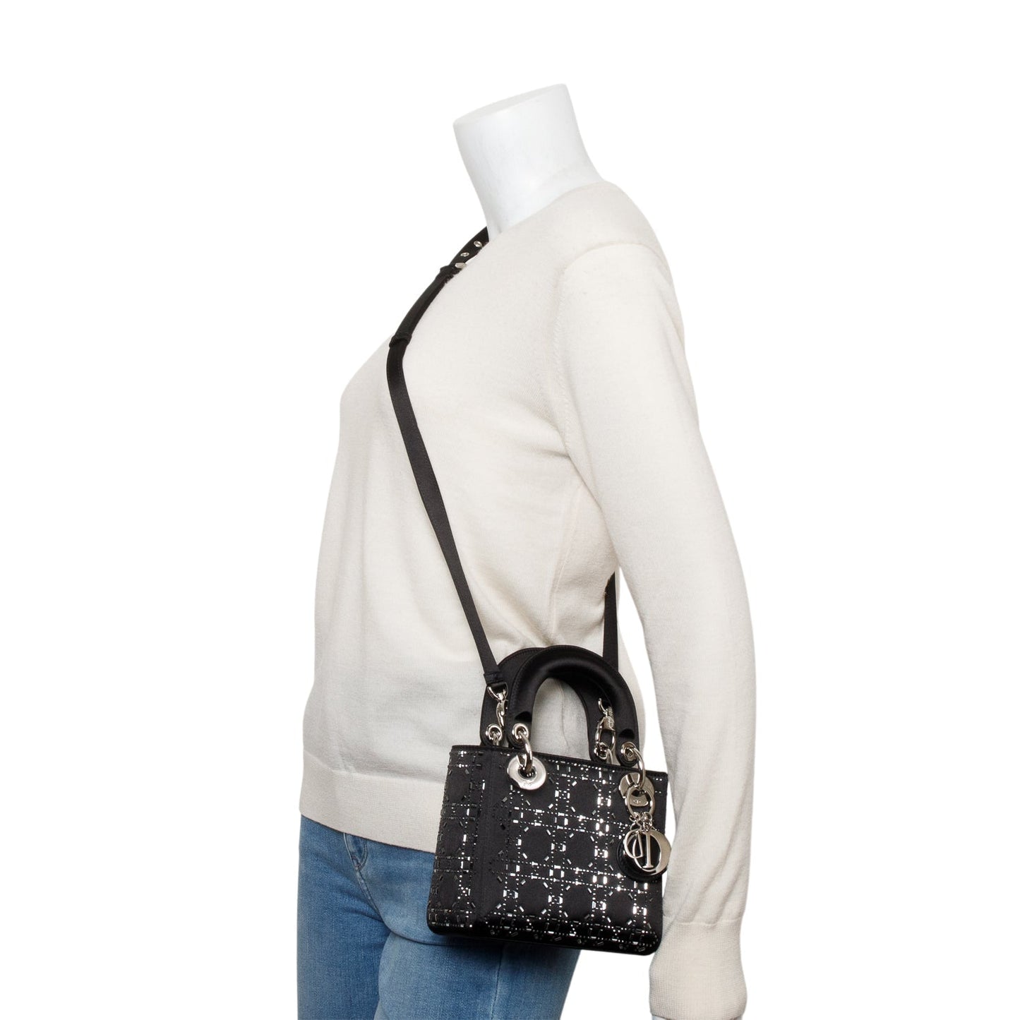 Christian Dior 2020 Black Strass Cannage Satin Mini Lady Dior Bag