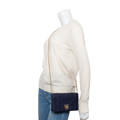 Christian Dior Blue Grained Calfskin Diorama Wallet on Chain