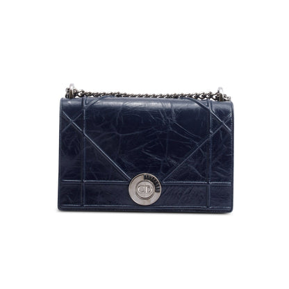 Christian Dior Navy Crinkled Cannage Leather Crystal Embellished Medium Diorama Flap Bag