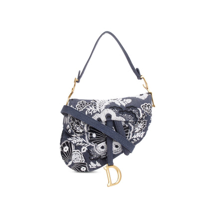 Christian Dior 2023 Blue Denim Embroidered Strass Beaded Butterfly & Flowers Medium Saddle Bag