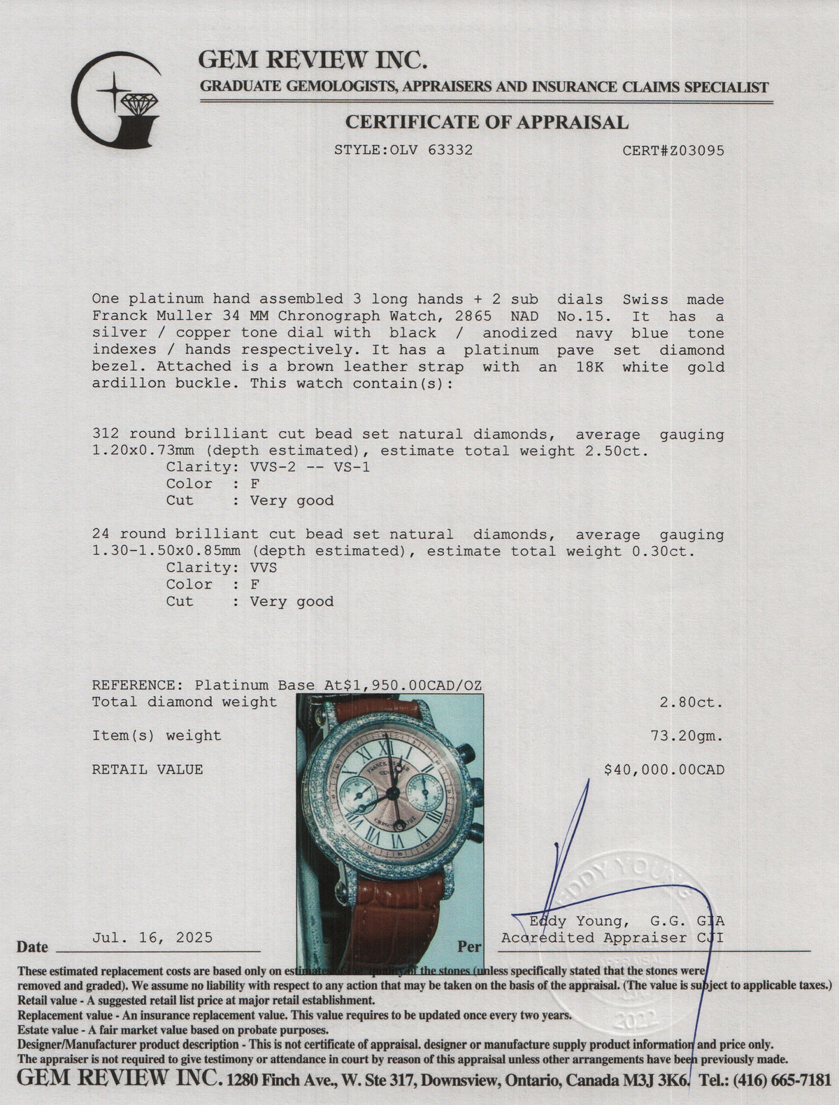 Franck Muller Platinum Pave Diamond 34 MM Chronograph Watch 2865 NAD