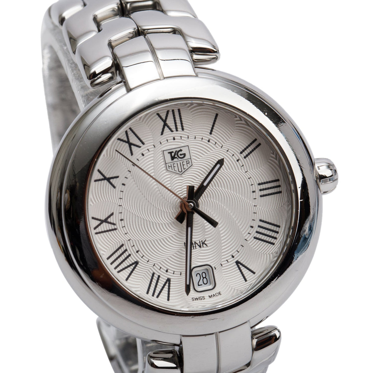 Tag Heuer Stainless Steel Link 34.5 MM Quartz Watch Guilloche Silver Dial WAT1314 w/ Box