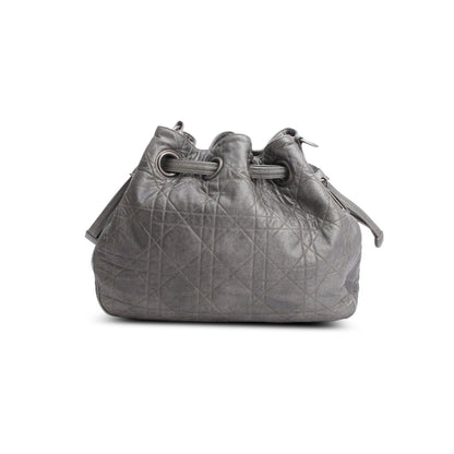 Christian Dior Silver Cannage Quilted Leather Drawstring Tote Bag