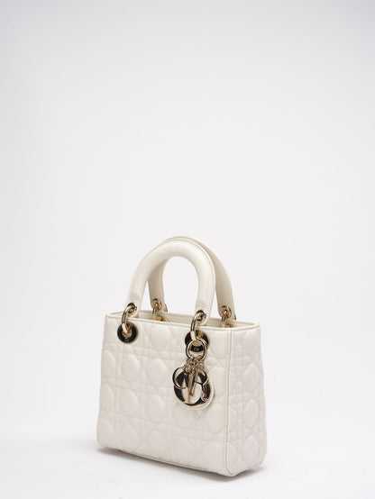 Christian Dior White Small Lady Dior Bag In Cannage Lambskin 2017